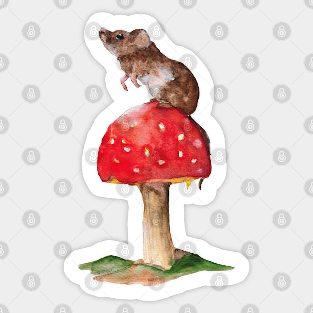 Watercolor - Mouse on mushroom Sticker by Karoのkyuuto